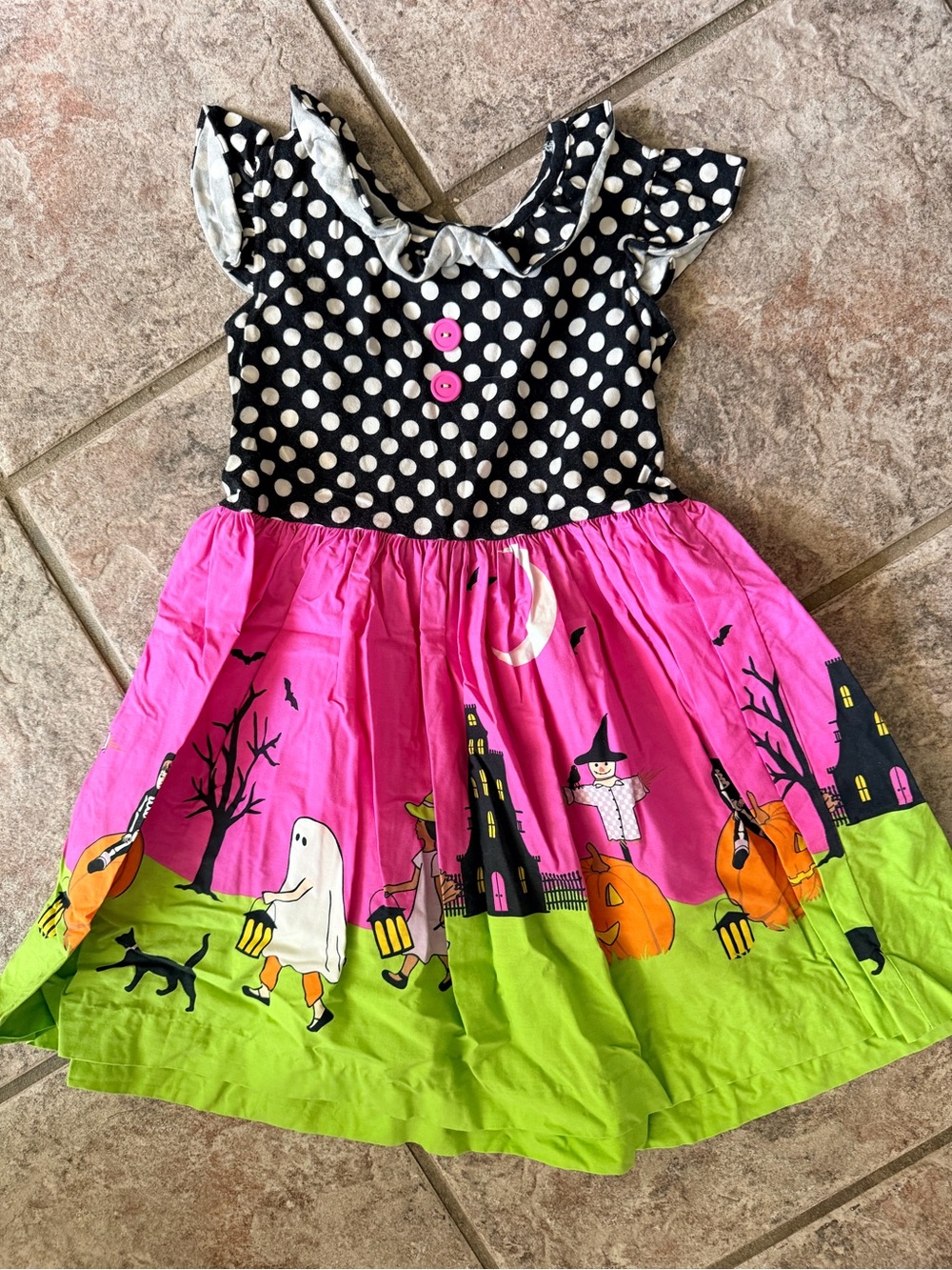 Kids Halloween Party Dress - Black Polka Dot & Pink Ghost Print